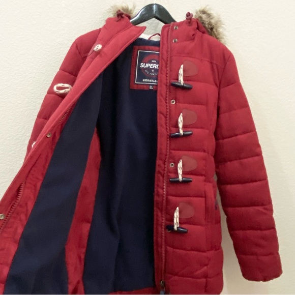 SUPERDRY Tall Marl Toggle Puffle Jacket Burgundy Puffer Hooded Coat Size 2 US - Picture 9 of 16